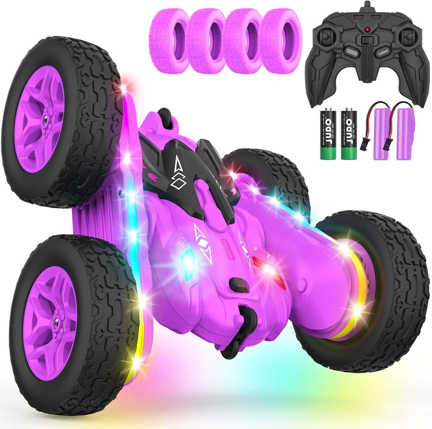 Remote Control Car, Rc Cars Stunt Toys New Upgraded Strip Lights and Headlights Toys Double-Sided 360° Rotating 4WD Drift Truck for Boys Girls Birthday Gift