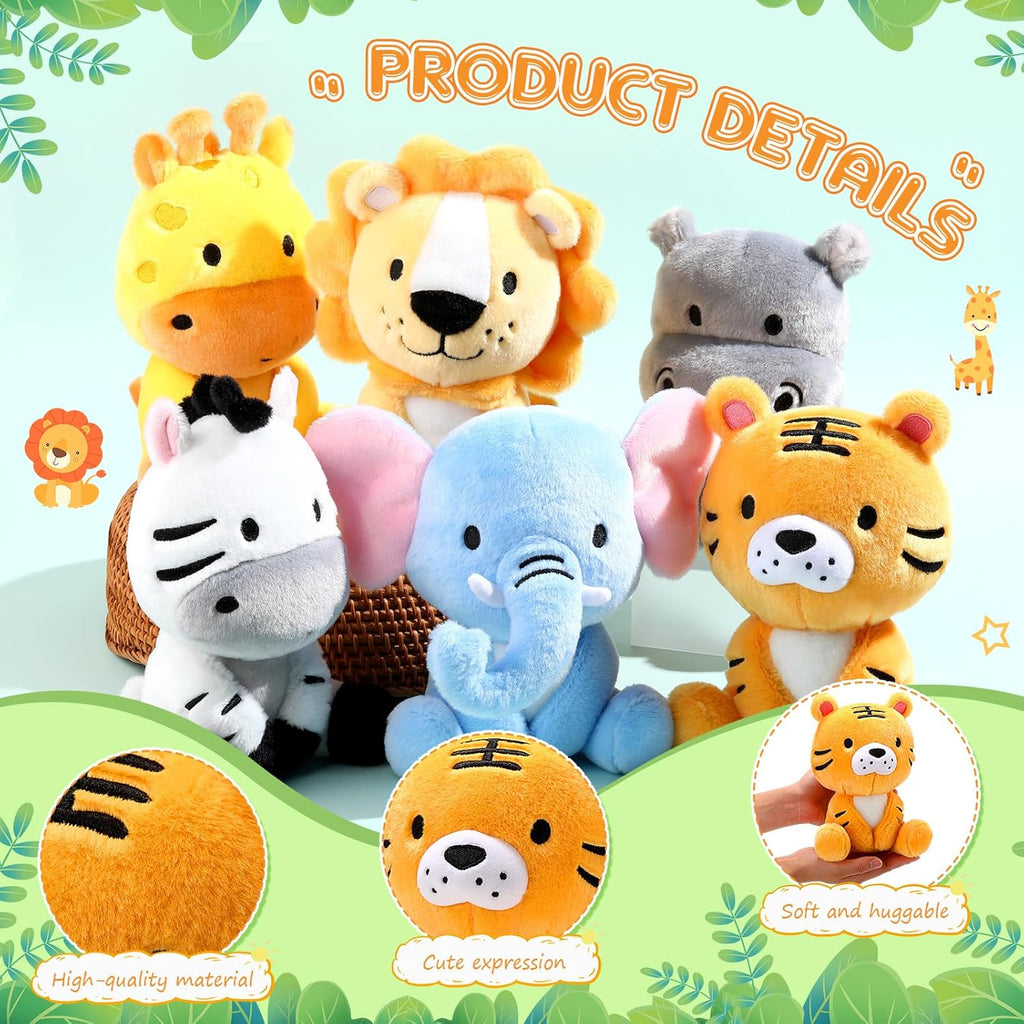 6 Pcs Small Stuffed Safari Animals Bulk, 7 Inch Jungle Animals Stuffed Toys, Adorable Plush Lion Zebra Giraffe Tiger Hippo Elephant for Baby Shower Safari Jungle Themed Party Student Award