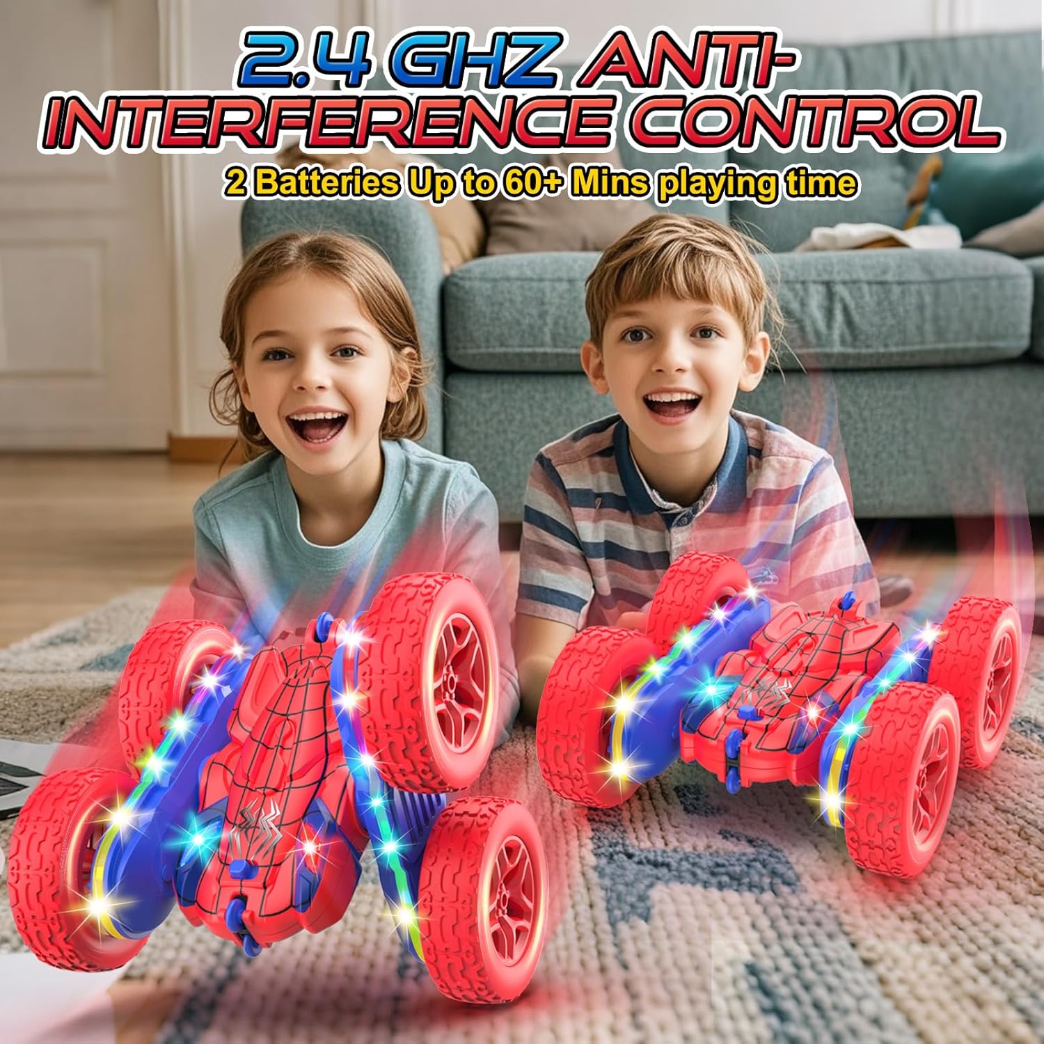 Remote Control Car, Rc Cars Stunt Toys New Upgraded Strip Lights and Headlights Toys Double-Sided 360° Rotating 4WD Drift Truck for Boys Girls Birthday Gift