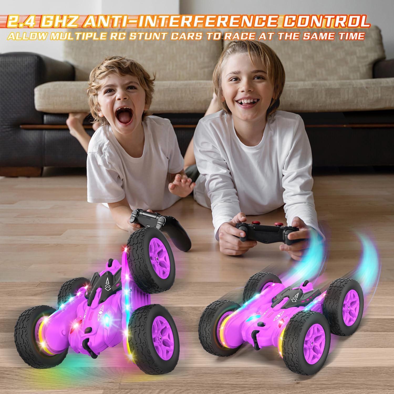 Remote Control Car, Rc Cars Stunt Toys New Upgraded Strip Lights and Headlights Toys Double-Sided 360° Rotating 4WD Drift Truck for Boys Girls Birthday Gift