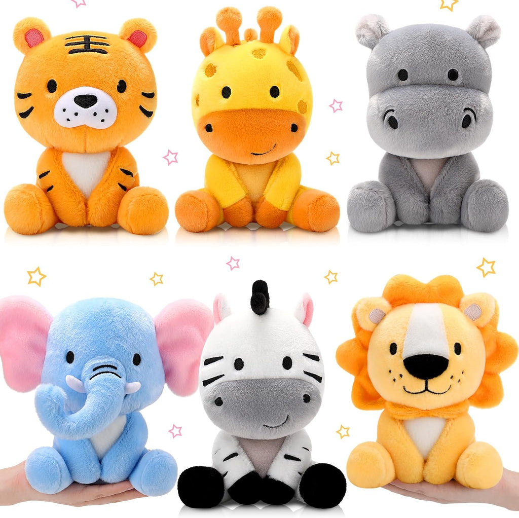6 Pcs Small Stuffed Safari Animals Bulk, 7 Inch Jungle Animals Stuffed Toys, Adorable Plush Lion Zebra Giraffe Tiger Hippo Elephant for Baby Shower Safari Jungle Themed Party Student Award