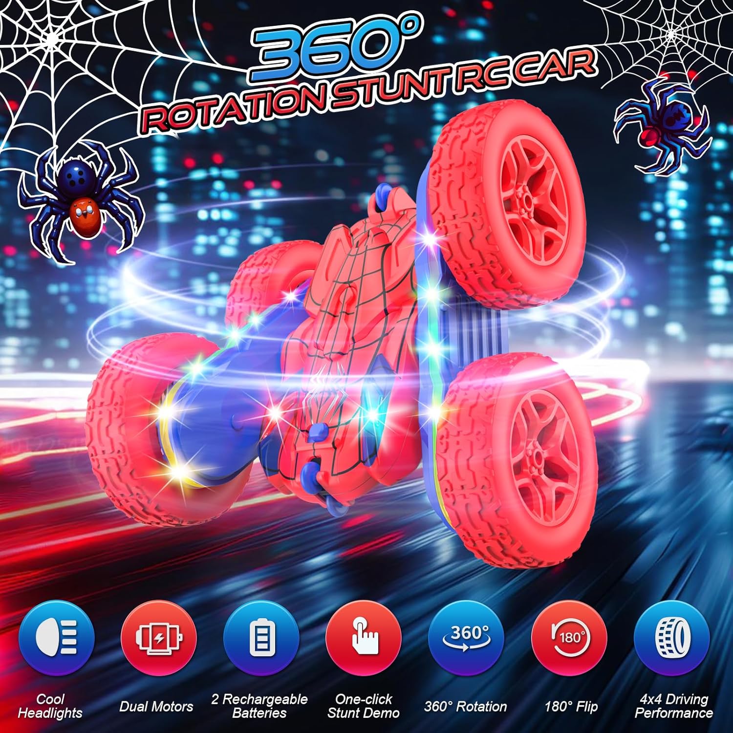 Remote Control Car, Rc Cars Stunt Toys New Upgraded Strip Lights and Headlights Toys Double-Sided 360° Rotating 4WD Drift Truck for Boys Girls Birthday Gift