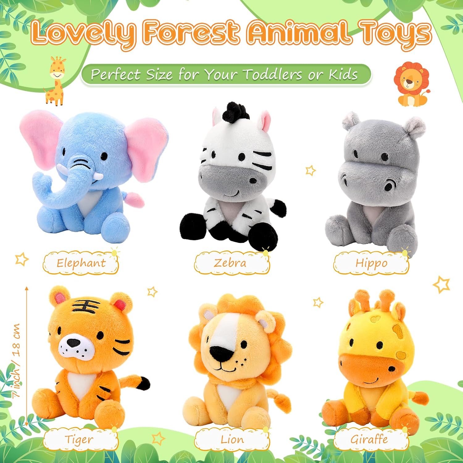 6 Pcs Small Stuffed Safari Animals Bulk, 7 Inch Jungle Animals Stuffed Toys, Adorable Plush Lion Zebra Giraffe Tiger Hippo Elephant for Baby Shower Safari Jungle Themed Party Student Award