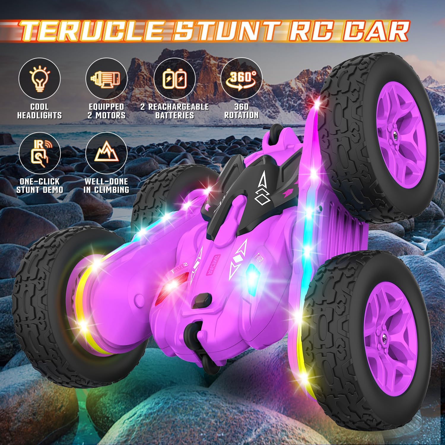 Remote Control Car, Rc Cars Stunt Toys New Upgraded Strip Lights and Headlights Toys Double-Sided 360° Rotating 4WD Drift Truck for Boys Girls Birthday Gift
