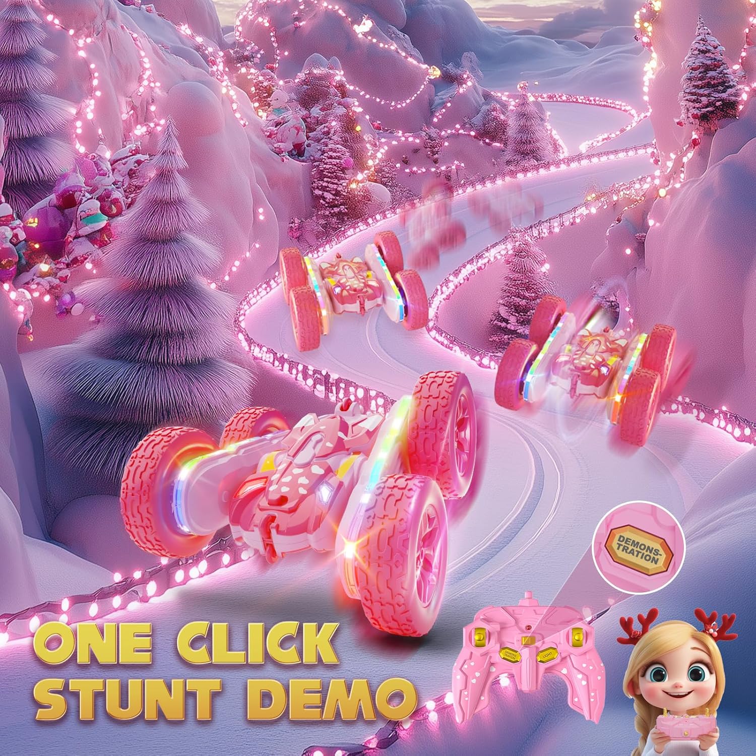 Remote Control Car, Rc Cars Stunt Toys New Upgraded Strip Lights and Headlights Toys Double-Sided 360° Rotating 4WD Drift Truck for Boys Girls Birthday Gift