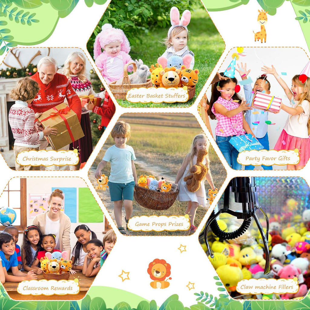 6 Pcs Small Stuffed Safari Animals Bulk, 7 Inch Jungle Animals Stuffed Toys, Adorable Plush Lion Zebra Giraffe Tiger Hippo Elephant for Baby Shower Safari Jungle Themed Party Student Award